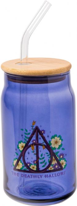 HARRY POTTER -  FAUNA DEATHLY HALLOWS GLASS TUMBLER  STRAW WITH BAMBOO LID (16OZ)