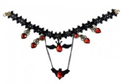 HORROR -  BLACK BAT CHOKER NECKLACE WITH RED JEWELS