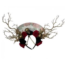 HORROR -  GOTH SKULL HEADBAND WITH RED FLOWERS (ADULT)