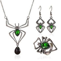 HORROR -  SILVER SPIDER NECKLACE WITH GREEN JEWELS