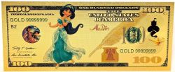 HUMORISTIC BILLS -  DISNEY PRINCESSES: JASMINE - UNITED STATES 100 DOLLARS BILL (PURE GOLD PLATED)