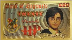 HUMORISTIC BILLS -  HARRY POTTER: HARRY POTTER (BANK OF HOGWARTS) - 20 POUNDS NOTE (PURE GOLD PLATED)