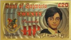 HUMORISTIC NOTES -  HARRY POTTER: HARRY POTTER (BANK OF HOGWARTS) - 20 POUNDS NOTE (PURE GOLD PLATED)
