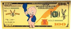 HUMORISTIC NOTES -  LOONEY TUNES: PORKY PIG - UNITED STATES 100 DOLLARS NOTE (PURE GOLD PLATED)