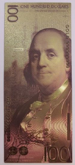 HUMORISTIC NOTES -  UNITED STATES PRESIDENTS: BENJAMIN FRANKLIN (LIBERTY BELL) - UNITED STATES 100 DOLLARS NOTE (PURE GOLD PLATED)