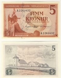 ICELAND -  5 KRONUR 1957 (UNC) 37A