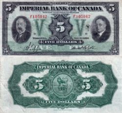 IMPERIAL BANK OF CANADA -  1933 5-DOLLAR NOTE (F) -  1933 CANADIAN BANKNOTES