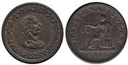 JETON DU BAS-CANADA -  1812 HALFPENNY TOKEN WITH BUST, 2 LEAVES/CANNONBALLS -  LOWER-CANADA TOKENS