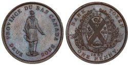JETON DU BAS-CANADA -  1837 PROVINCE DU BAS CANADA DEUX SOUS, /QUEBEC BANK ON RIBBON, STRONG, NO PERIOD -  JETONS DU BAS-CANADA 1837