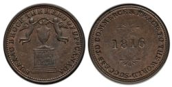 JETON DU HAUT-CANADA -  1816 SUCESS TO COMMERCE & PEACE TO THE WORLD/SR. ISAAC BROCK THE HERO OF UPR CANADA, COIN ALIGNMENT, A POINTS BELOW THE MIDDLE OF THE LOWER STEP (AG) -  1816 UPPER-CANADA TOKENS