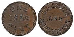 JETON DU ÎLE DU PRINCE ÉDOUARD -  FICHERIES AND AGRICULTURE - 1855 ONE CENT, RECUT FIVES, COIN ORIENTATION -  JETONS DU ÎLE DU PRINCE ÉDOUARD 1855