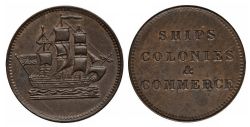 JETON DU ÎLE DU PRINCE ÉDOUARD -  SHIPS COLONIES & COMMERCE, DOUBLE H MINTMARK, ROUND KNOB, NOT BEYOND SAIL AND COIN ALIGNMENT -  NO DATE PRINCE EDWARD ISLAND TOKENS