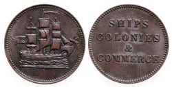 JETON DU ÎLE DU PRINCE ÉDOUARD -  SHIPS COLONIES & COMMERCE, SIMPLE H MINTMARK, STRAIGHT BRITISH FLAG, CUT KNOB, TOOTHED BORDER AND BLUNT TAIL R -  NO DATE PRINCE EDWARD ISLAND TOKENS