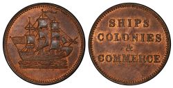 JETON DU ÎLE DU PRINCE ÉDOUARD -  SHIPS COLONIES & COMMERCE, SIMPLE H MINTMARK, STRAIGHT BRITISH FLAG, CUT KNOB, TOOTHED BORDER AND COMPLETE CENTERSTROKE E -  NO DATE PRINCE EDWARD ISLAND TOKENS