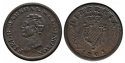 JETON WELLINGTON -  HIBERNIA 1805 - FIELD MARSHAL WELLINGTON, LARGE LETTERS, MEDAL ORIENTATION -  1805 WELLINGTON TOKENS