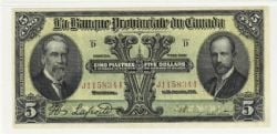 LA BANQUE PROVINCIALE DU CANADA -  1919 5-DOLLAR NOTE (VF) -  1919 CANADIAN BANKNOTES