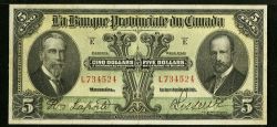 LA BANQUE PROVINCIALE DU CANADA -  1928 5-DOLLAR NOTE (F) -  1928 CANADIAN BANKNOTES