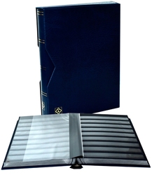 LIGHTHOUSE -  BLUE LEATHER 32-SHEET STOCKBOOK WITH SLIPCASE (64 BLACK PAGES)
