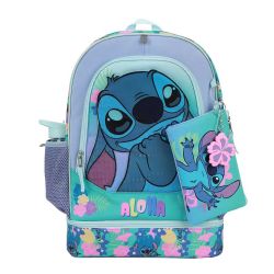 LILO AND STITCH -  YOUTH 5 PIECES BACKPACK SET - STITCH & FLOWERS -  DISNEY