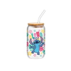 LILO & STITCH -  ALOHA GLASS TUMBLER & STRAW WITH BAMBOO LID (16 OZ)