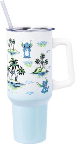 LILO & STITCH -  STITCH & PALM TREES, WITH HANDLE (40 OZ) -  STAINLESS STEEL TUMBLER