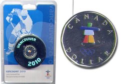 LUCKY LOONIE -  VANCOUVER 2010 OLYMPIC GAMES LUCKY LOONIE COIN AND HOCKEY PUCK -  2010 CANADIAN COINS