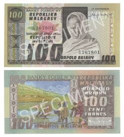 MADAGASCAR -  100 FRANCS / 20 ARIARY 1975 (UNC) 63