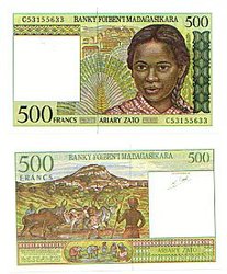 MADAGASCAR -  500 FRANCS / 100 ARIARY 1994 (UNC) 75B
