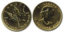 MAPLE LEAVES -  1/4 OUNCE PURE GOLD MAPLE LEAF -  CANADIAN COINS OR