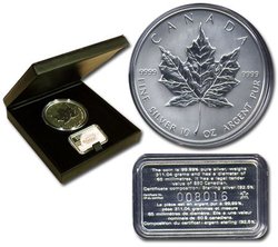 MAPLE LEAVES -  10 OZ SILVER MAPLE LEAF - 10TH ANNIVERSARY OF THE MAPLE LEAF -  1998 CANADIAN COINS