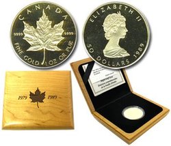 MAPLE LEAVES -  10TH ANNIVERSARY OF GOLD MAPLE LEAF -  1989 CANADIAN COINS