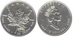 MAPLE LEAVES -  MAPLE LEAF - 1999-2000 ONE OUNCE FINE SILVER COIN -  2000 CANADIAN COINS