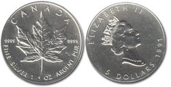 MAPLE LEAVES -  MAPLE LEAF - ONE OUNCE FINE SILVER COIN -  1991 CANADIAN COINS