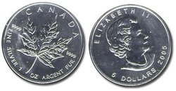 MAPLE LEAVES -  MAPLE LEAF - ONE OUNCE FINE SILVER COIN -  2005 CANADIAN COINS