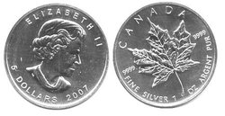 MAPLE LEAVES -  MAPLE LEAF - ONE OUNCE FINE SILVER COIN -  2007 CANADIAN COINS