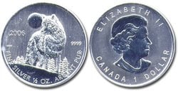 MAPLE LEAVES -  WOLF - 1/2 OZ FINE SILVER COIN -  2006 CANADIAN COINS