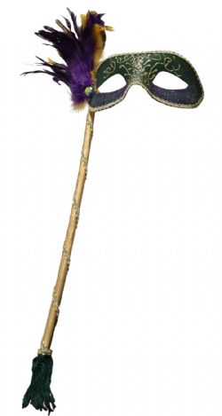 MASQUERADE MASK -  EYE MASK ON A STICK WITH FEATHERS - GREEN
