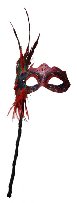 MASQUERADE MASK -  EYE MASK ON A STICK WITH FEATHERS - RED