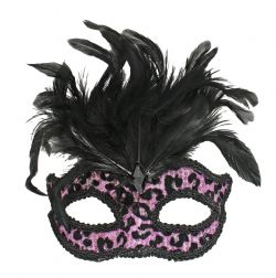 MASQUERADE MASK -  EYE MASK WITH LEOPARD PATTERN AND FEATHERS - PINK/BLACK