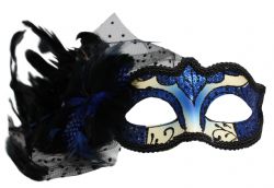 MASQUERADE MASK -  EYE MASK WITH SIDE LACE AND FEATHERS - BLACK/BLUE