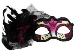 MASQUERADE MASK -  EYE MASK WITH SIDE LACE AND FEATHERS - BLACK/PINK