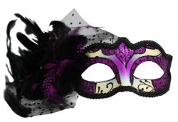 MASQUERADE MASK -  EYE MASK WITH SIDE LACE AND FEATHERS - BLACK/PURPLE