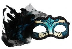 MASQUERADE MASK -  EYE MASK WITH SIDE LACE AND FEATHERS - BLACK/TEAL