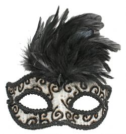 MASQUERADE MASK -  EYE MASK WITH SWIRL PATTERN AND FEATHERS - SILVER/BLACK
