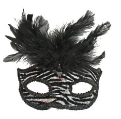 MASQUERADE MASK -  EYE MASK WITH ZEBRA PATTERN AND FEATHERS - SILVER/BLACK