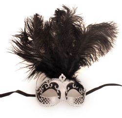 MASQUERADE MASK -  FORMAL EYE MASK WITH FEATHERS - BLACK AND SILVER