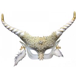 MASQUERADE MASK -  HORNED VENETIAN MASK - WHITE/GOLD