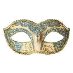 MASQUERADE MASK -  IVORY COLORED GLITTER MASK - LIGHT BLUE/GOLD