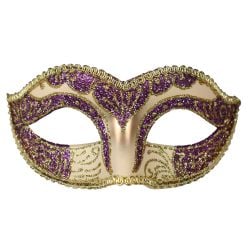 MASQUERADE MASK -  IVORY COLORED GLITTER MASK - PURPLE/GOLD