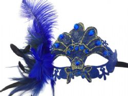MASQUERADE MASK -  LACE MASK WITH GEMS AND FEATHERS - BLUE AND GOLD